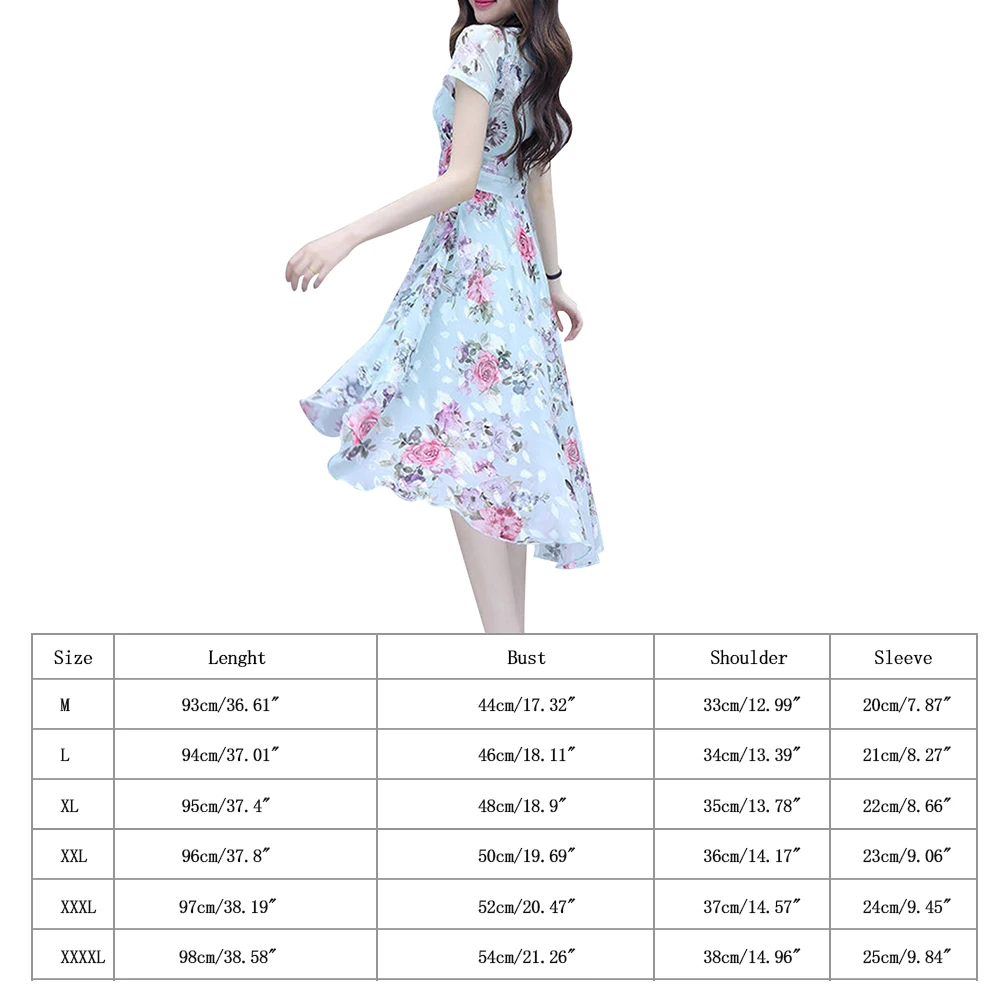 

New Women O Neck Floral Print Short Sleeve Slim Irregular Dress Summer Elegant Sweet Casual Party A Line Dresses dropshipping#38
