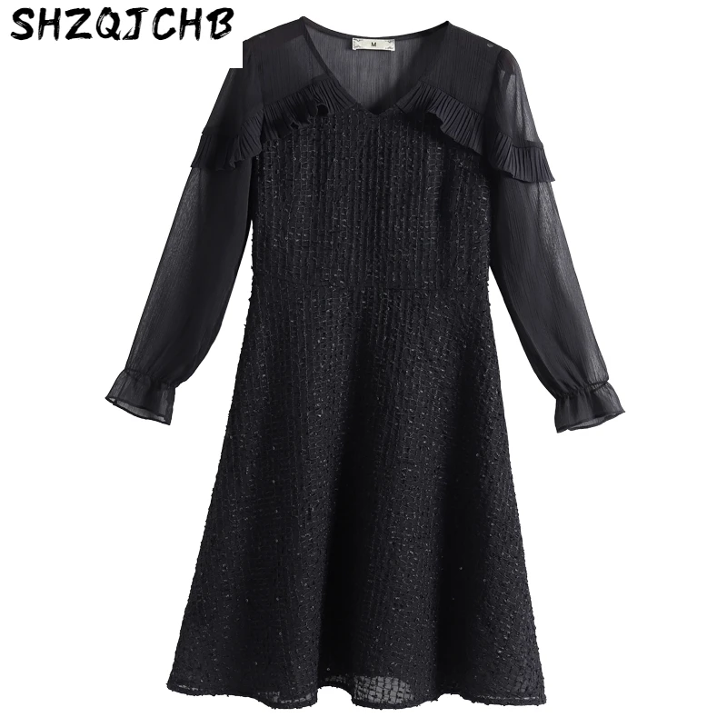 

JCHB 2021 Plus Size Women Spring Dress Elegant Black Mesh Long Sleeve Dress Women Party Vestidos Elegantes 5xl DW1E28075 KJ4344