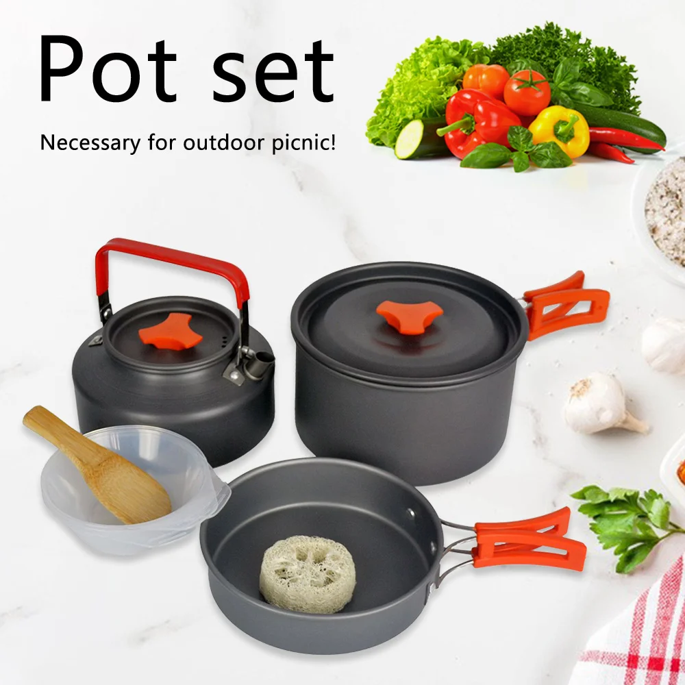 

Cookware Kit Outdoor Aluminum Cooking Set Water Kettle Pan Pot Travelling Hiking Picnic BBQ Tableware Equipment Dropship