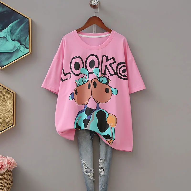 

2021 Summer Cartoon Printed Plus Size Women T-shirt Cotton Round Neck Lazy Style Ladies Top Slimming Half Sleeve Fashion Tee