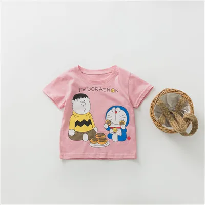 KIKIKIDS/Летняя футболка с героями мультфильмов для малышей Топы с короткими рукавами для маленьких мальчиков и девочек, Doraemon, Детская летняя одежда в Корейском стиле футболки с героями мультфильмов - Цвет: Pink