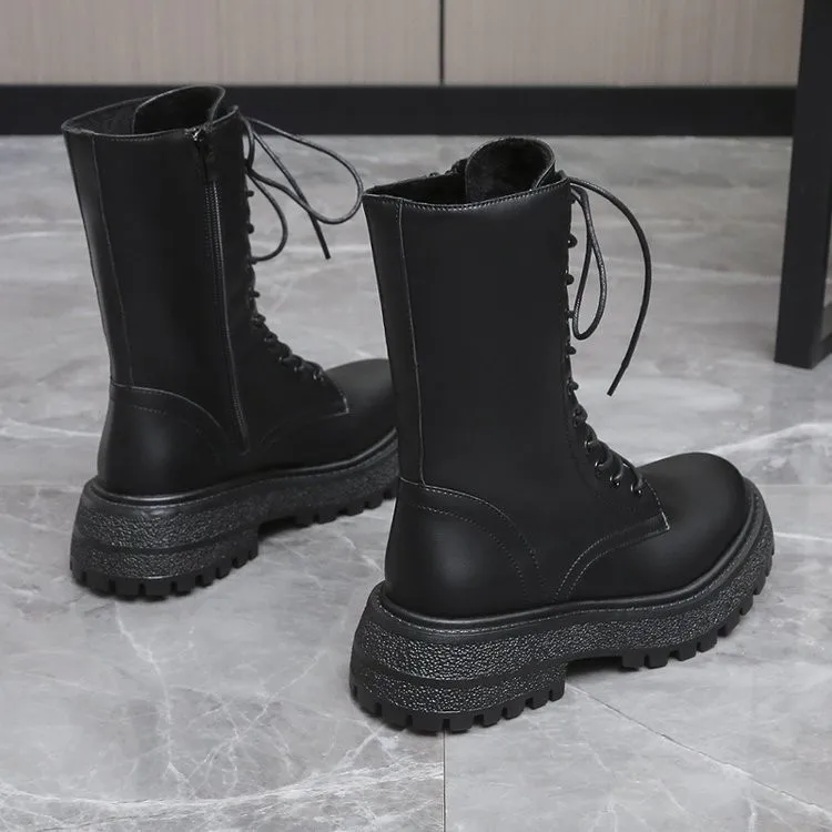 2022 winter new black thick-soled cloth mid-tube boots autumn British trend boots high-top Korean casual women's shoes boots