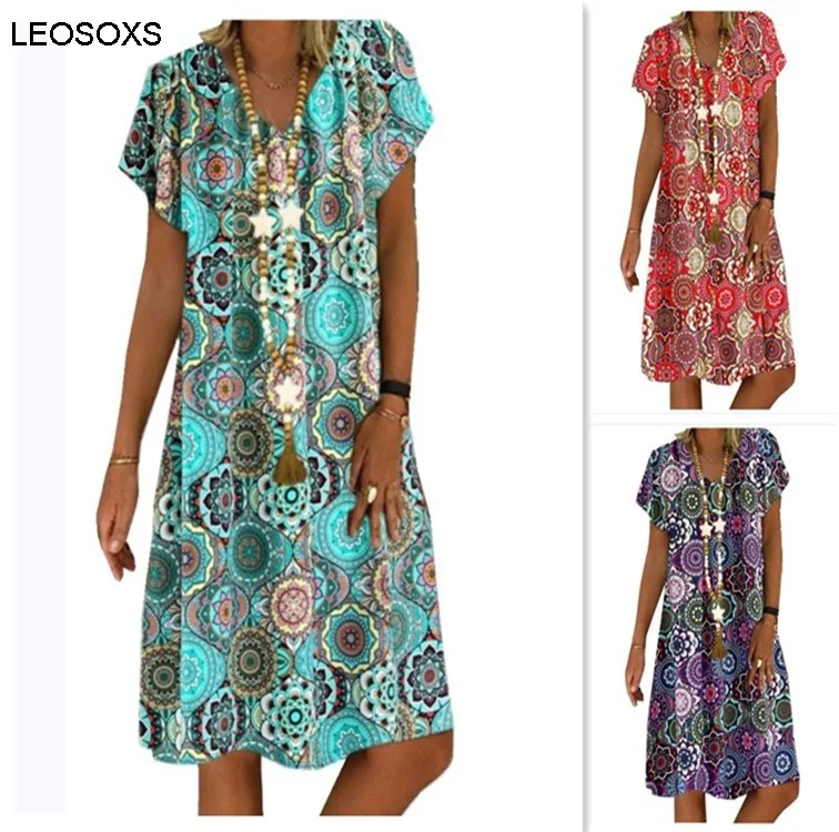 

2021 Summer Dress New Women's Floral Print Short-sleeved V-neck Hedging Loose Beach Retro Midi Dress