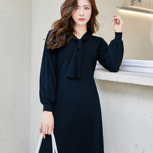 Женское вязаное платье с длинным рукавом Осеннее свободное однотонное