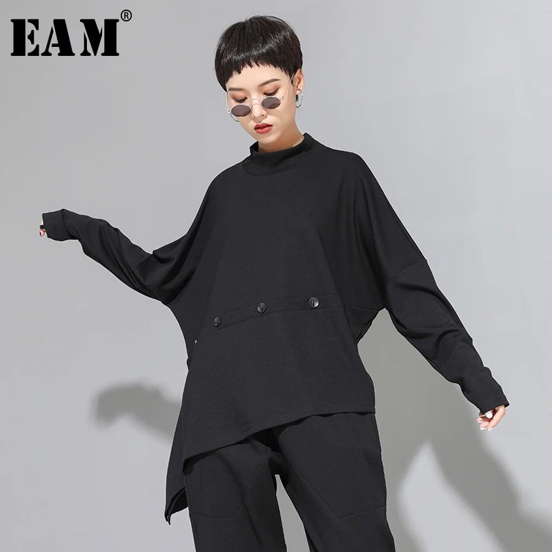 [EAM] Женская Черная Асимметричная футболка большого размера с пуговицами новая