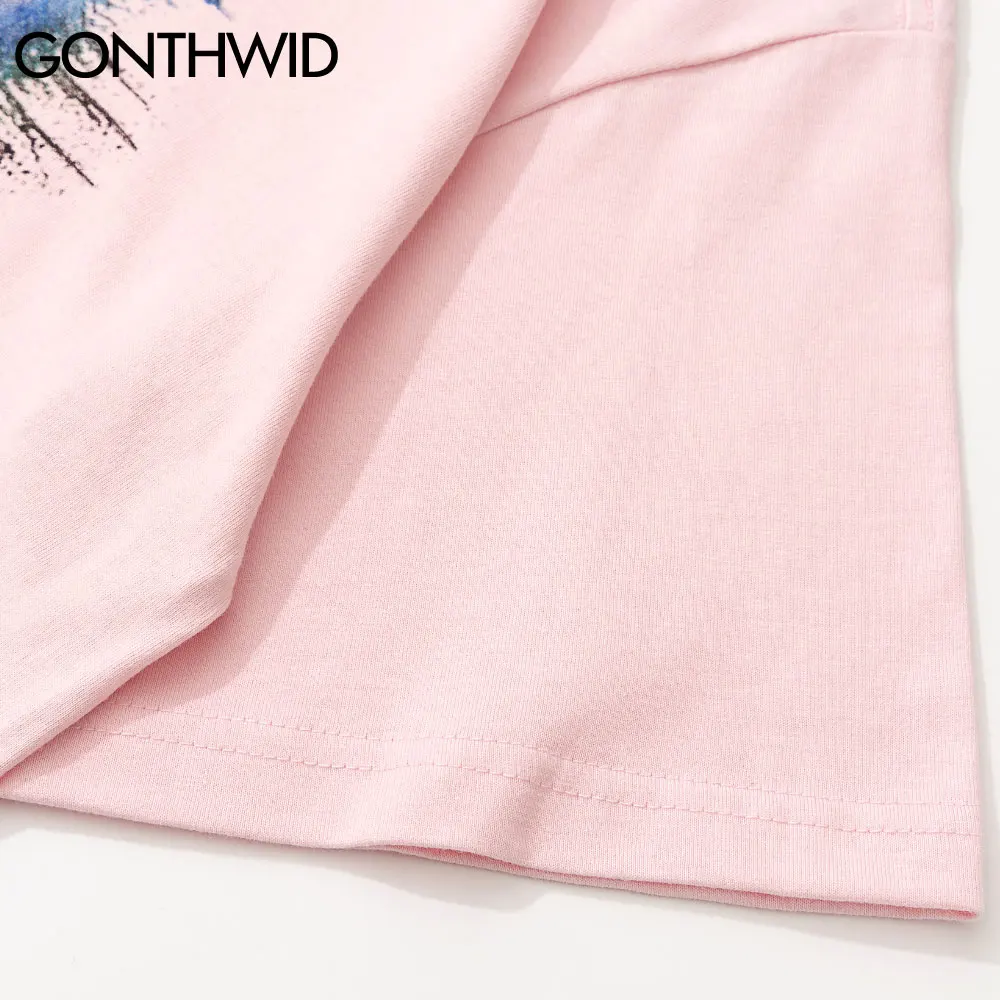 

GONTHWID Tees Shirts Streetwear Hip Hop Graffiti Smile Cat Short Sleeve Oversized Tshirts Harajuku Fashion Casual Cotton Tops