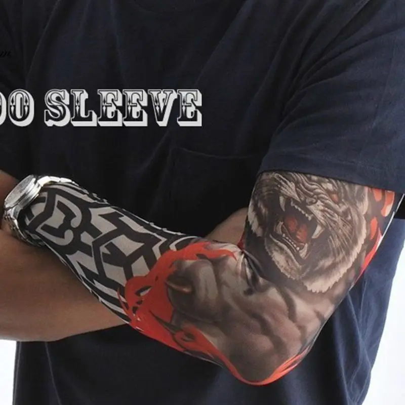 

Mens Fake Tattoo Sleeves Cover Unisex Party Body Art Temporary Sunscreen Tiger Skull Clown Digital Printing Arm Warmer Protector