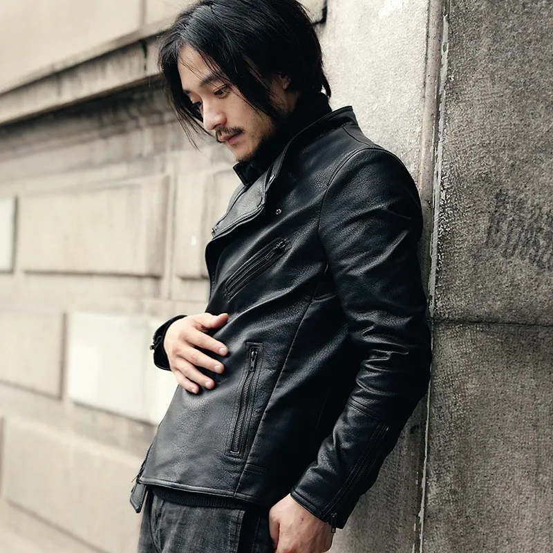 

High Quality Mens Pu Leather Jacket Casual Slim Fit Motor Biker Faux Leather Windbreaker Coat Stand Collar Short Outwear Jackets