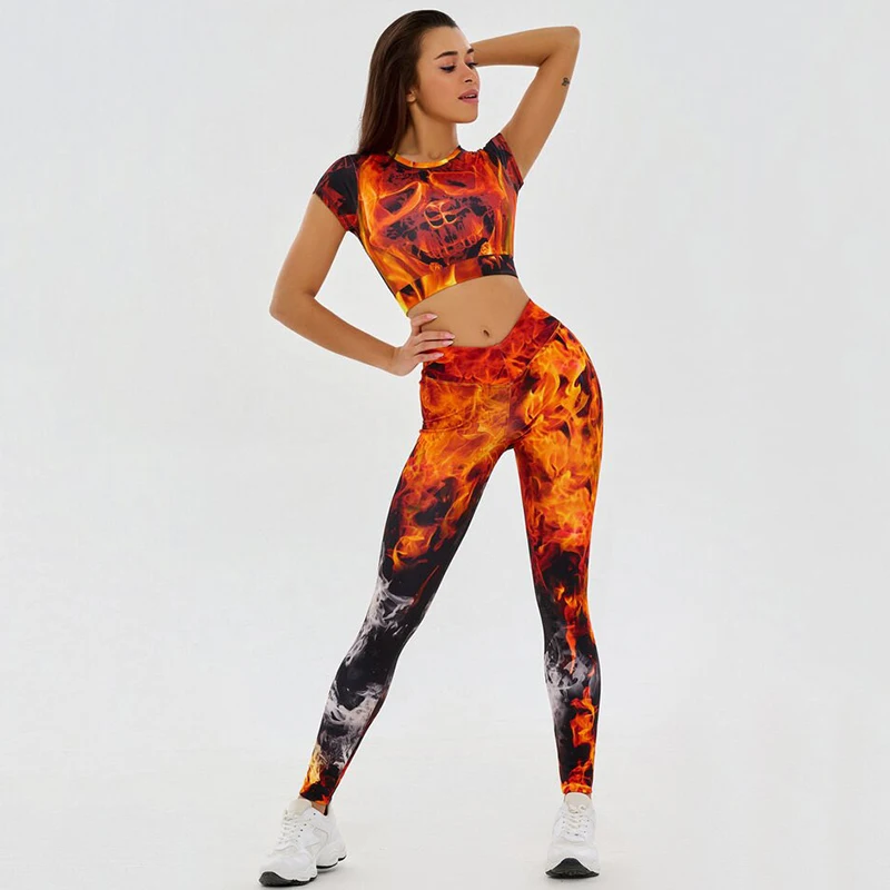 Oshoplive футболки и леггинсы с рисунком огненного черепа спортивный костюм модный