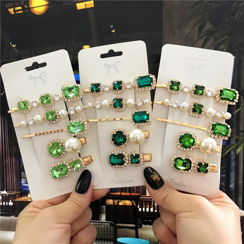 

2020 New Green Crystal Hair Clip Hairpins for Women Fashion Simulated Pearl Hair Accessories Set Luxury Wedding Female Ornaments