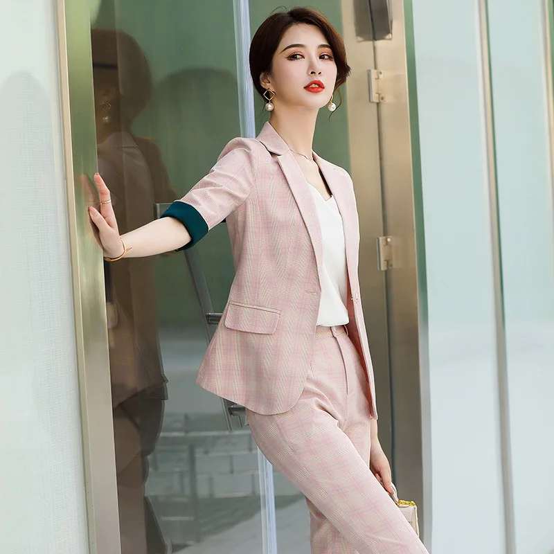 High Quality Fabric Elegant Plaid Formal Uniform Designs Pantsuits Women Business Work Wear Professional Blazers Trousers Sets | Женская