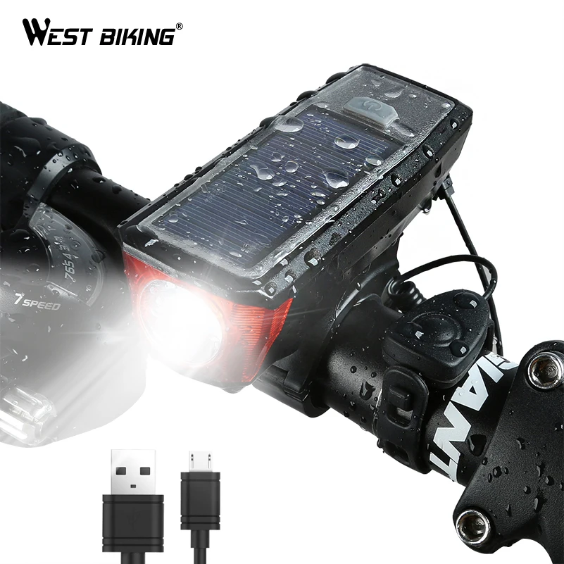 

WEST BIKING Solar Power Bike Light Waterproof 350 Lumen Bicycle Bell Light LED USB Rechargeable Lamp Front Headlights Bike Light