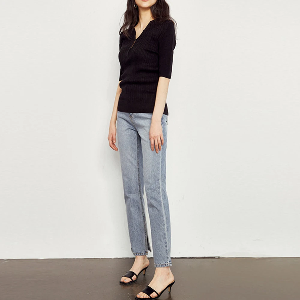 

Elegant Ribbed Knitted Top Women Tshirts Slim V-Neck Tees Casual Style T Shirts Mujer Outfits