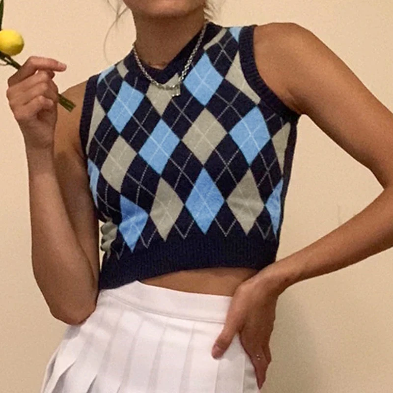 

Waatfaak Vintage Sleeveless Sweater Knitted Leisure Argyle Sweater Vest Women New Preppy Crop Top 90S V Neck Sweater Vest 2020
