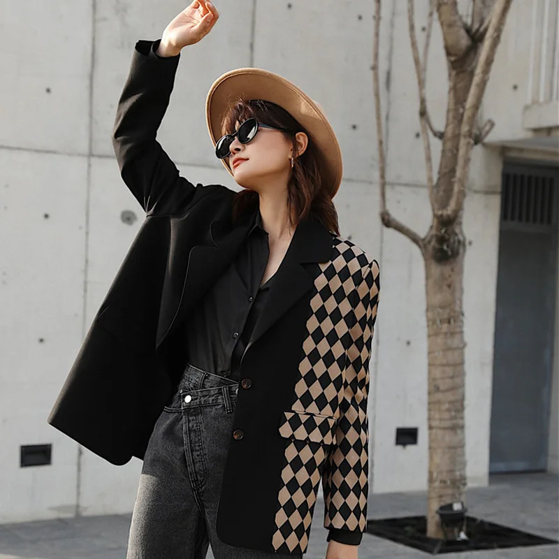 Women Vintage Black Plaid Stitching Blazer New Lapel Long Sleeve Loose Fit Jacket Fashion Tide Spring Autumn Y1137