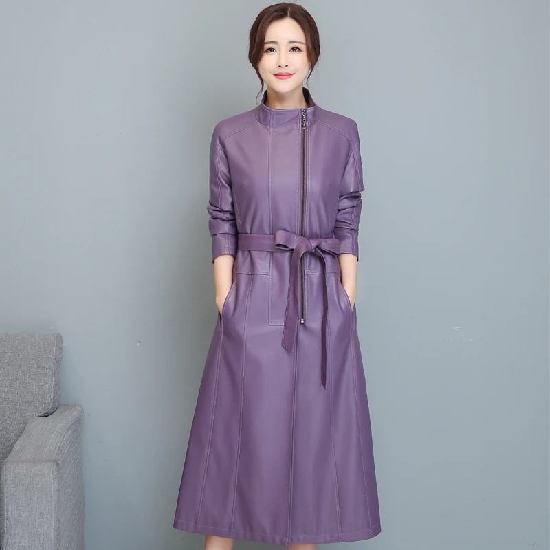 Женский Длинный кожаный тренчкот X-long черное кожаное пальто с поясом Осень-зима