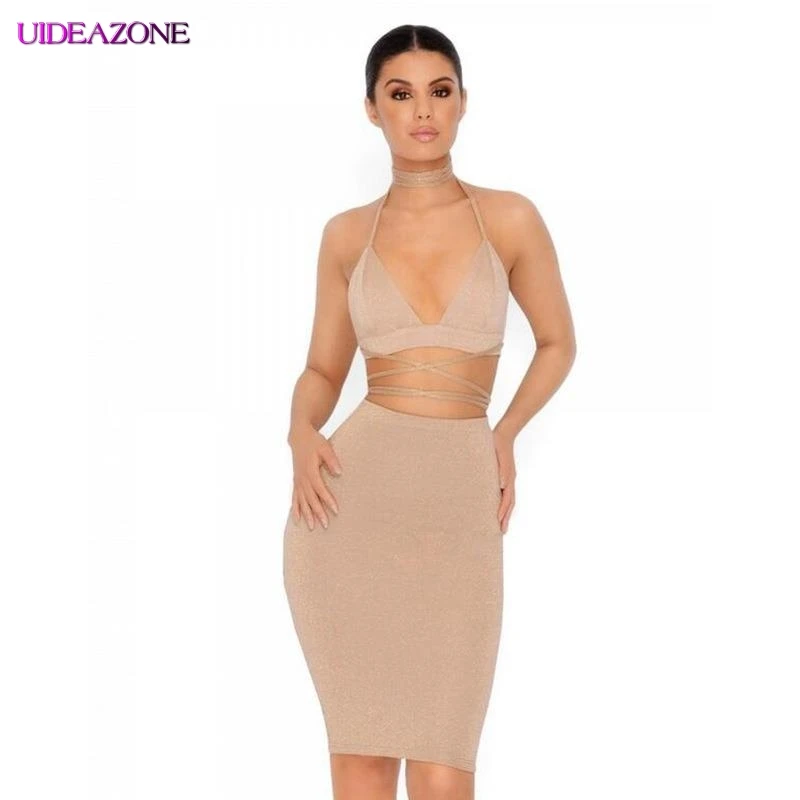 Сияющий блеск для женщин комплект из двух предметов платье Холтер шеи крест