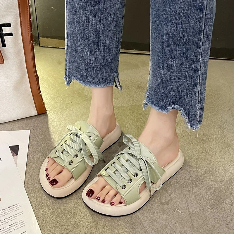 

Low Home Slippers Women's Slides Shoes Fashion Platform Pantofle Massage Soft Luxury 2021 Flat Basic Casual PU Round Toe Lace-Up