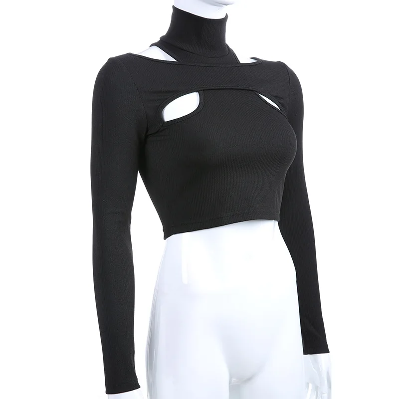 Female T-Shirt Knitting For Women Black Open Korean Style Modis Long Sleeve Gothic Basic Top Summer sexy street dance crop top |