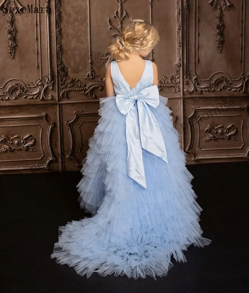 Sky Blue Flower Girl Dresses For Wedding Tiered Big Bottom Tulle Satin Bow Girls Pageant Dress Kids Birthday Gown