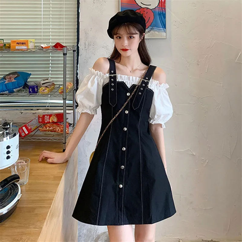 

2021 Spring Summer Women Dress Korean style Fashion Patchwork Black dresses Off shoulder A-line female dresses summer