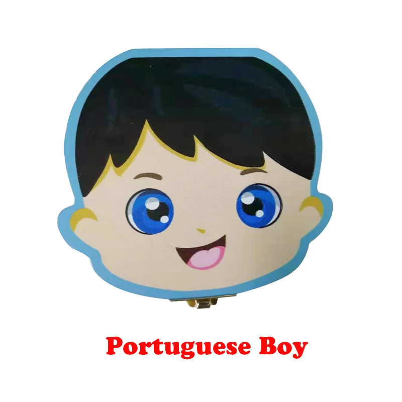 Portuguese Boy Деревянный Детский ящик для зубов английский/испанский/португальский молочные зубы пуповины органайзер для хранения мальчиков и девочек сувенир чехол подарки для детей - Цвет: Portuguese Boy
