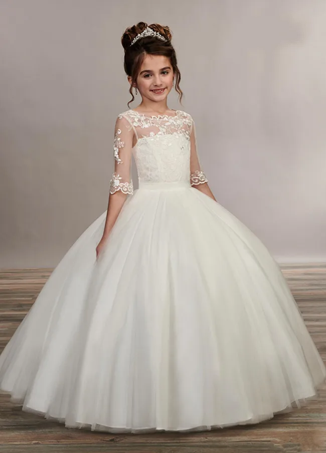 

Romantic Tulle Flower Girl Dress For Formal Wedding Lace Up Back Half Sleeves Custom Made Holy First Communion Gown For Princess