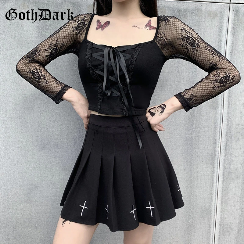 Goth Dark Lace Patchwork Gothic T-shirts Grunge Bandage Front Black Long Sleeve Crop Tops Women Bodycon Fashion Streetwear 2021 | Женская