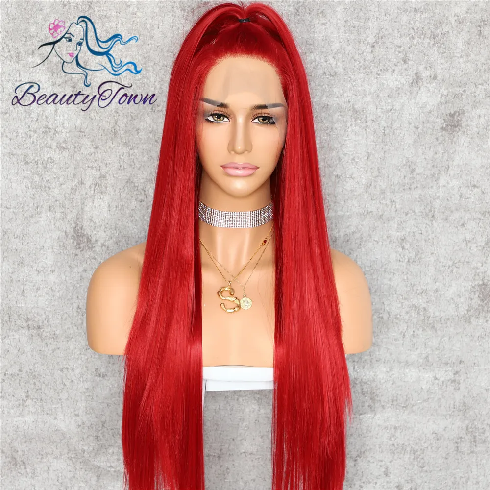 BeautyTown HandTied оранжевый красный 1B белый термостойкие прямые Косплей Знаменитости Девушка Свадебная вечеринка синтетический парик на кружеве