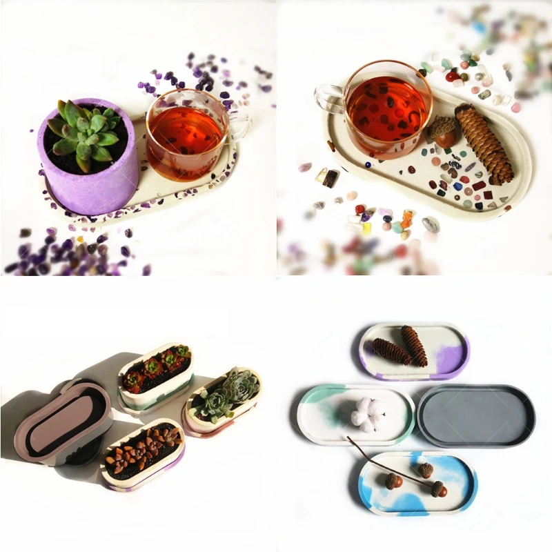 

2Pcs Oval Concrete Flower Pot Tray Silicone Mold Succulent Planter Resin Mold