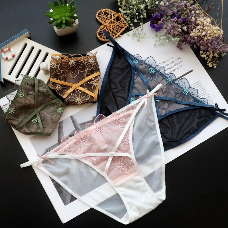

1Pcs Hollow Ladies Thin Straps Cross Sexy Embroidered Mesh Lace Panties Women Low-waist Women's Underpants Pure Cotton Files New