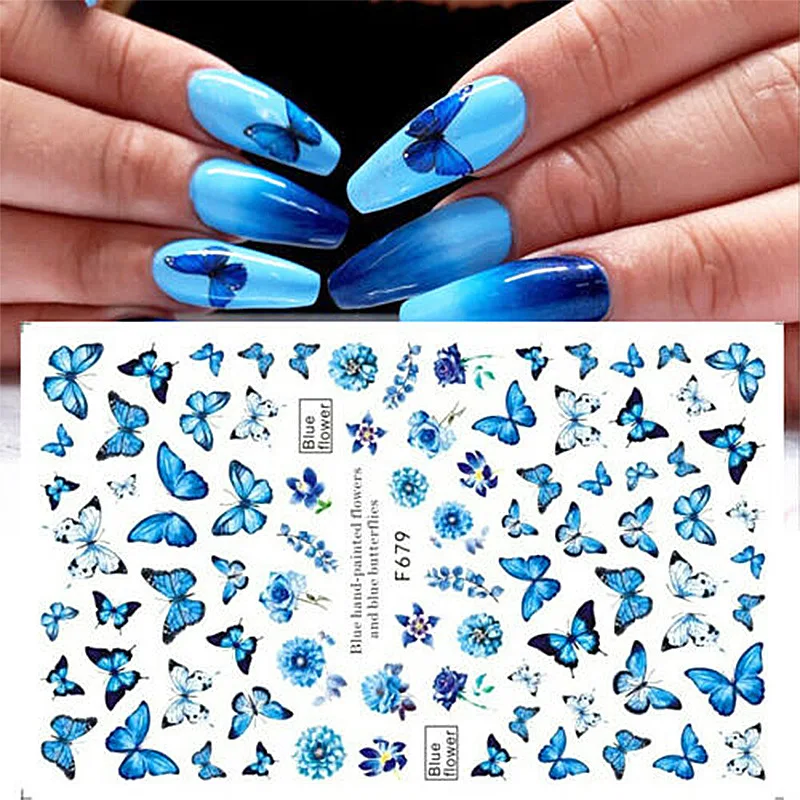 

3D Nail Butterfly Stickers Watercolor Decals Blue Flowers Sliders Wraps Manicure Summer Nail Art Decorations