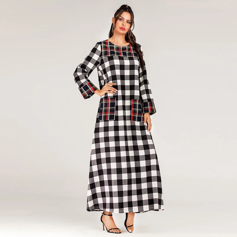 Женское длинное платье в клетку с длинным рукавом и карманами|Женские платья| |