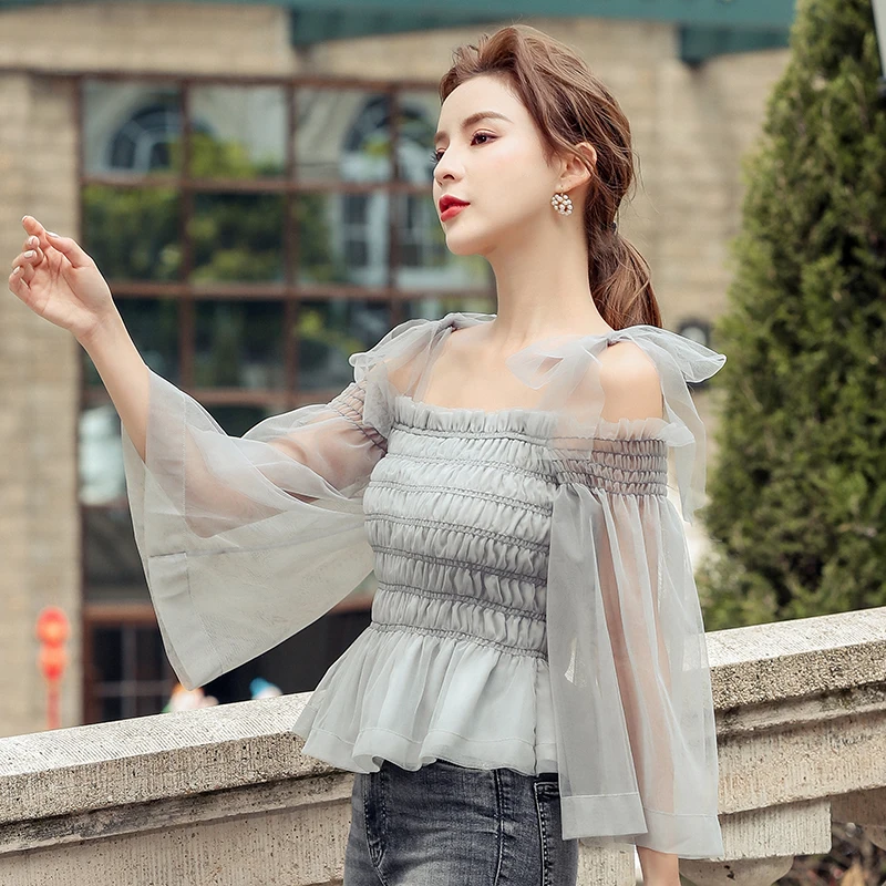 Летняя Новинка 2020 романтичная элегантная сетчатая рубашка с открытыми плечами