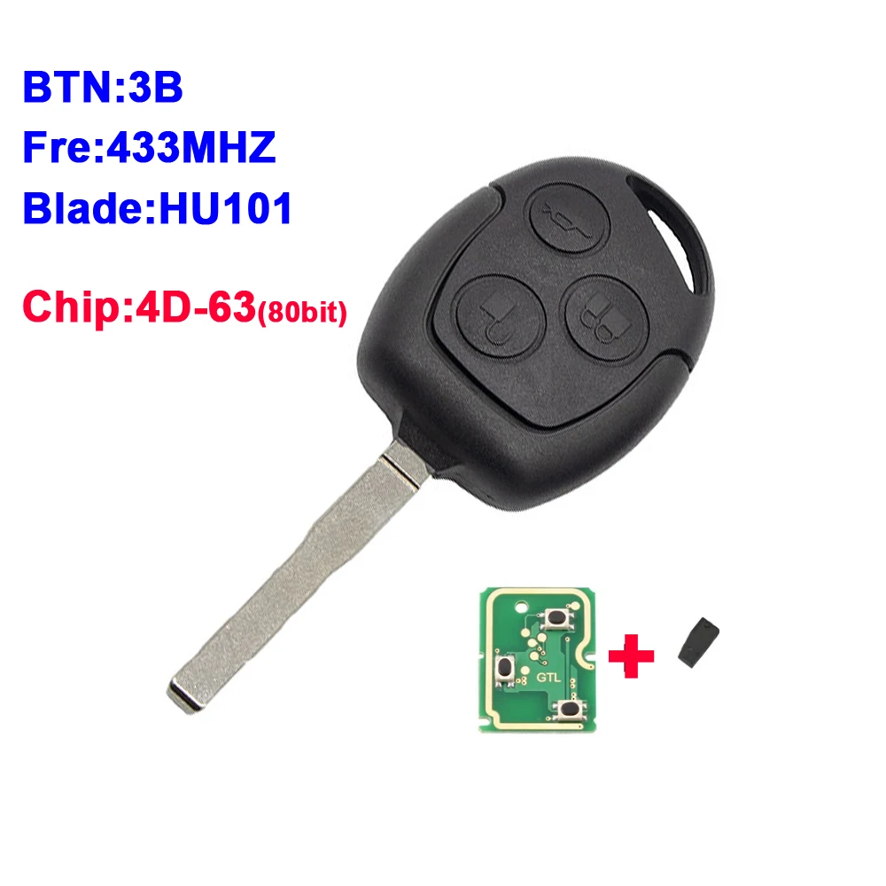 

3 Buttons Remote Car Key HU101 433Mhz For Ford Focus Fiesta Fusion C-Max Mondeo Galaxy C-Max S-Max 4D60 4D63 Chip