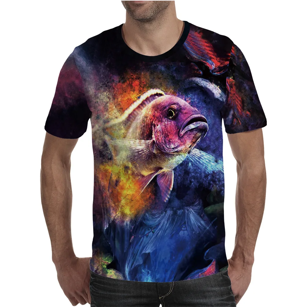 

Summer new animal fish pattern 3D printing men and women loose casual T-shirt fashion trend young men hip hop short sleeve