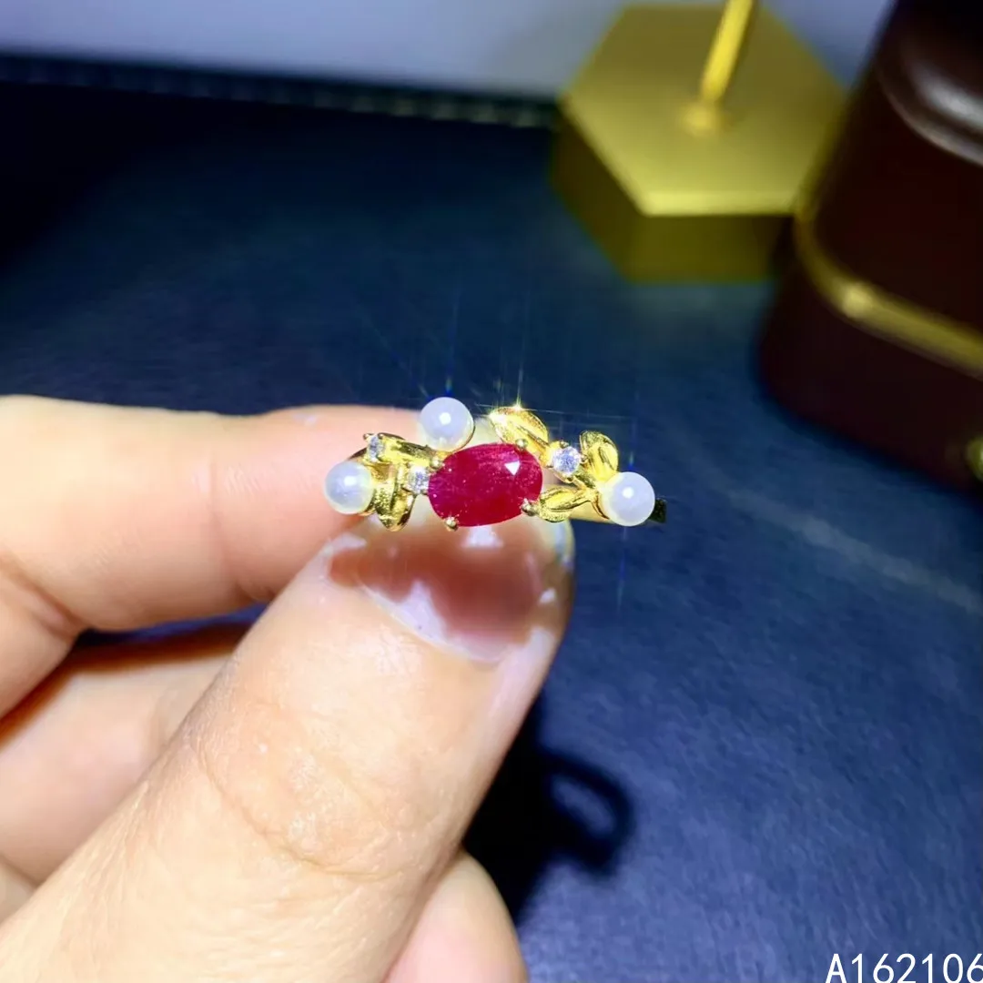 925 Pure Silver Chinese Style Natural Ruby Women's Classic Lovely Pearl Plant Adjustable Gemstone Ring Fine Jewelry Support Dete