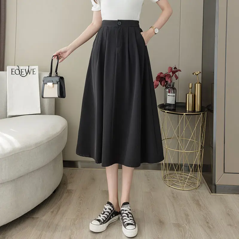 

2021 Spring/Summer New Half-length Skirt Mid-length Skirt High Waist Large Swing Skirt Female Large A-line Skirt with Pockets