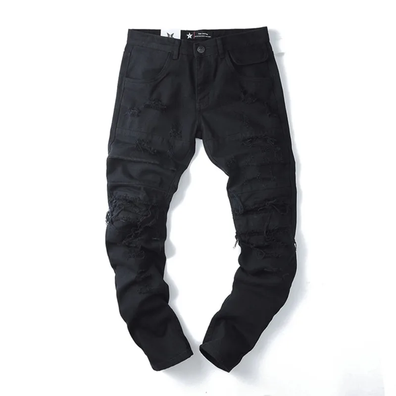 Dark Streetwear Hole Ripped Black Hip Hop Men Pencil Jeans Trousers Solid Denim Beggar Slim Pants For Teens Pantalones Hombre