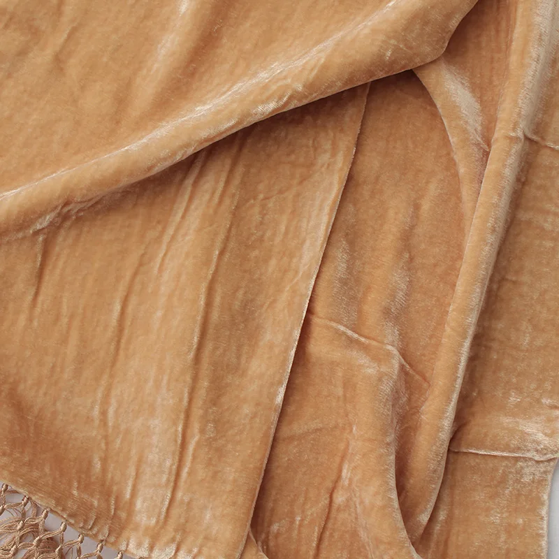 solid color 100% natural silk crinkled velvet scarves with tassel women winter warm soft scarf double-layer luxury high quality |