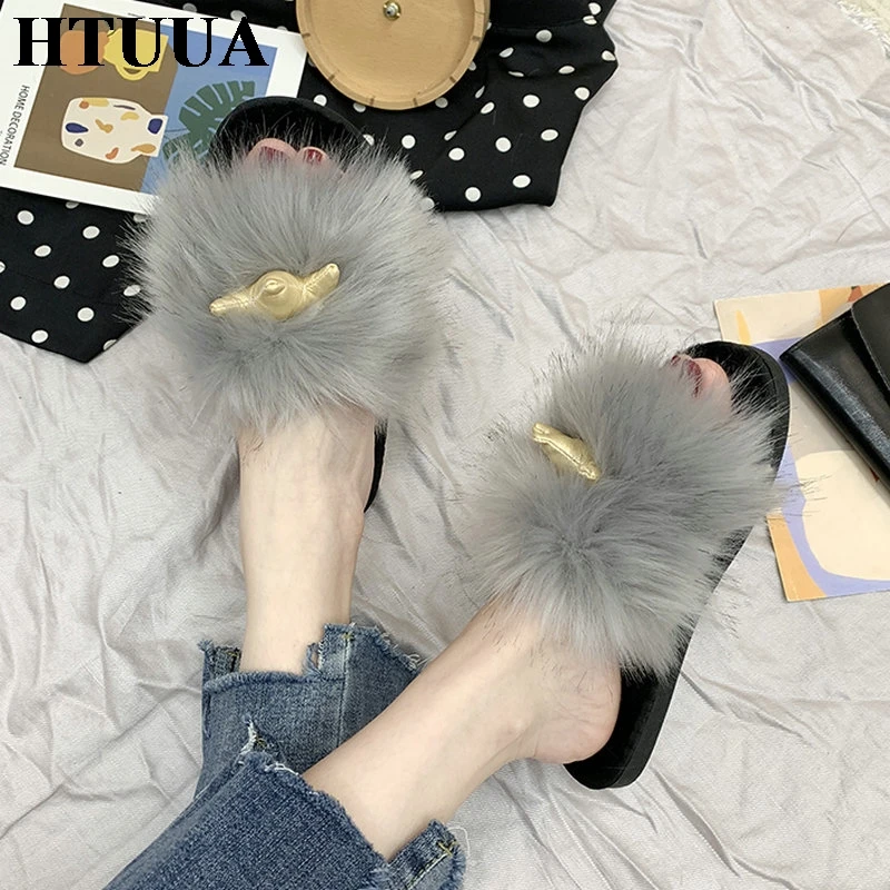 HTUUA/пушистые меховые тапочки; женские меховые шлепанцы; сезон осень-зима; домашние тапочки с закрытым носком; женская обувь на плоской подошве; SX3422