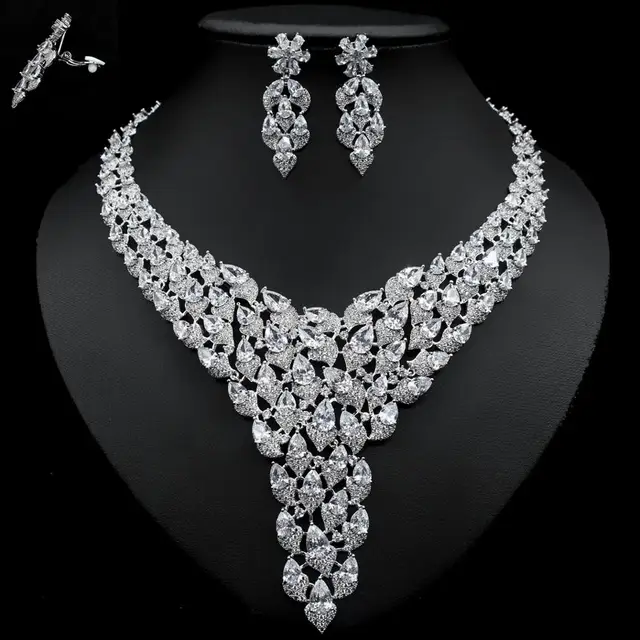 2020 Luxury White Gold Color Green CZ Stone Wedding Necklace Earrings Jewelry Sets Bridal Dress Accessories 4
