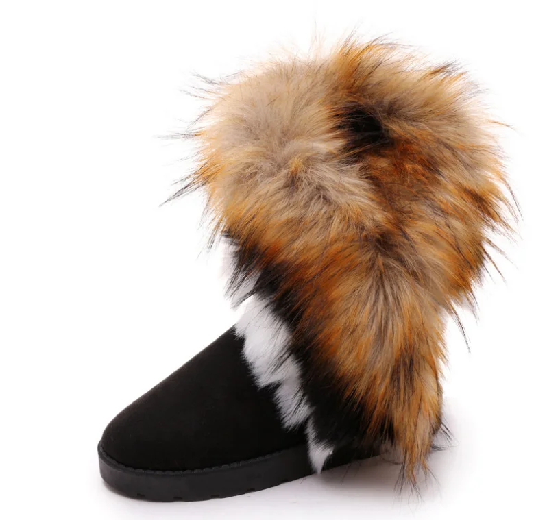 Classic Faux Fox Hair Winter Snow Rain Warm Short fur Boots Women Australian Boots Fashion tube women shoes big size 42 - Цвет: Черный