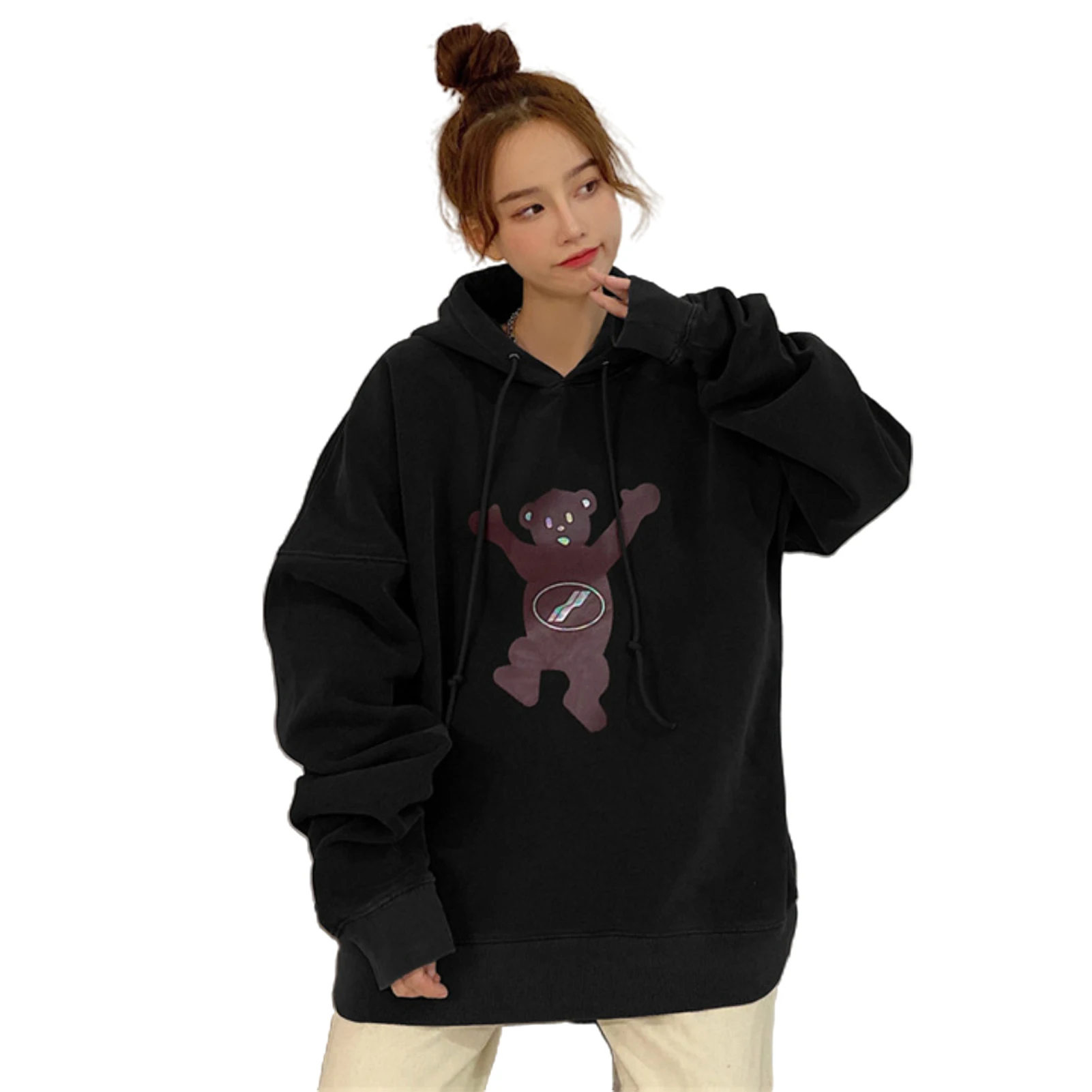 

Autumn Hoodie Women fashion Polyester Long Sleeve Bear Print Plush Warm Hoodie Oversize Hooded Sweatshirt 2021