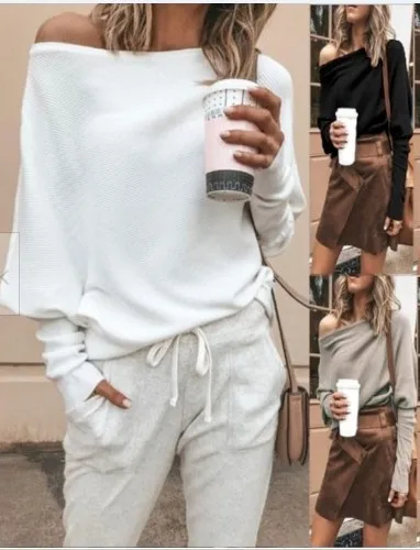 Fashion 2019 Autumn Sexy Chiffon T-shirt Women Tops Off Shoulder Shirts Strapless Feminine Plus Size Winter White | Женская одежда