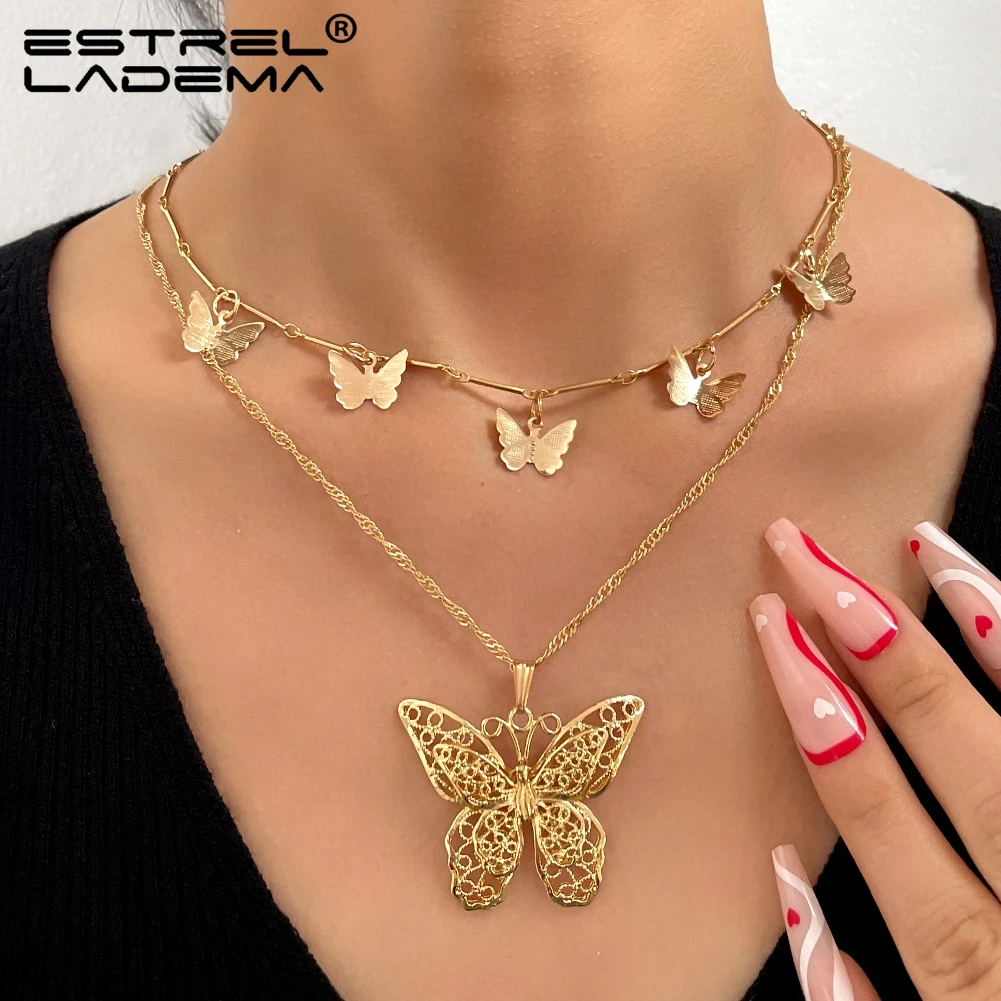 

New Gold Color Multilayered Butterfly Pendant Necklace For Women Retro Simple Metal Twisted Chain Necklaces Choker Jewelry Gifts