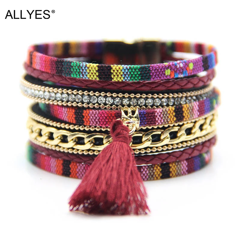 

ALLYES Multilayer Colorful Cotton Leather Bracelet for Women Fashion Tassels Charm Chain Wrap Bracelet Bangle Female Jewelry