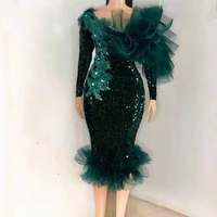 custom hunter green evening gowns abiye sequin bead full sleeves evening dress peplum ruffles evening dresses robe de soiree