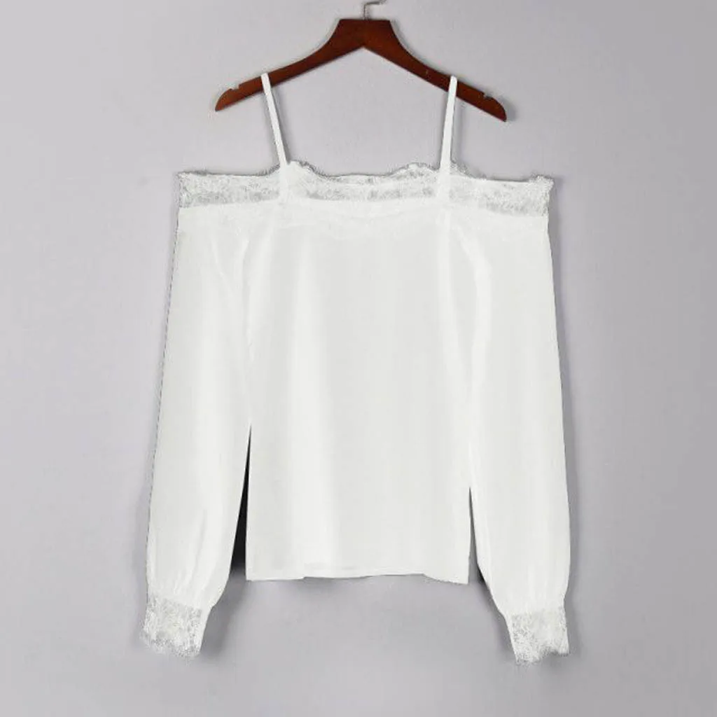 

Fashion Women Camisole Lace Splicing Pure Color Long Sleeves Blouse Tops Summer Female Loose Comfy Casual Sexy Spaghetti Shirt