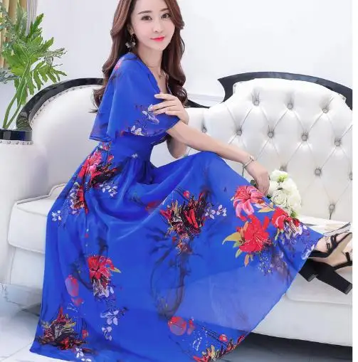 Bohemia Dress Beach 2020 Summer Women Chiffon Dresses Maxi V-Neck Slim Ladies Print Long Plus Size RQ454 | Женская одежда